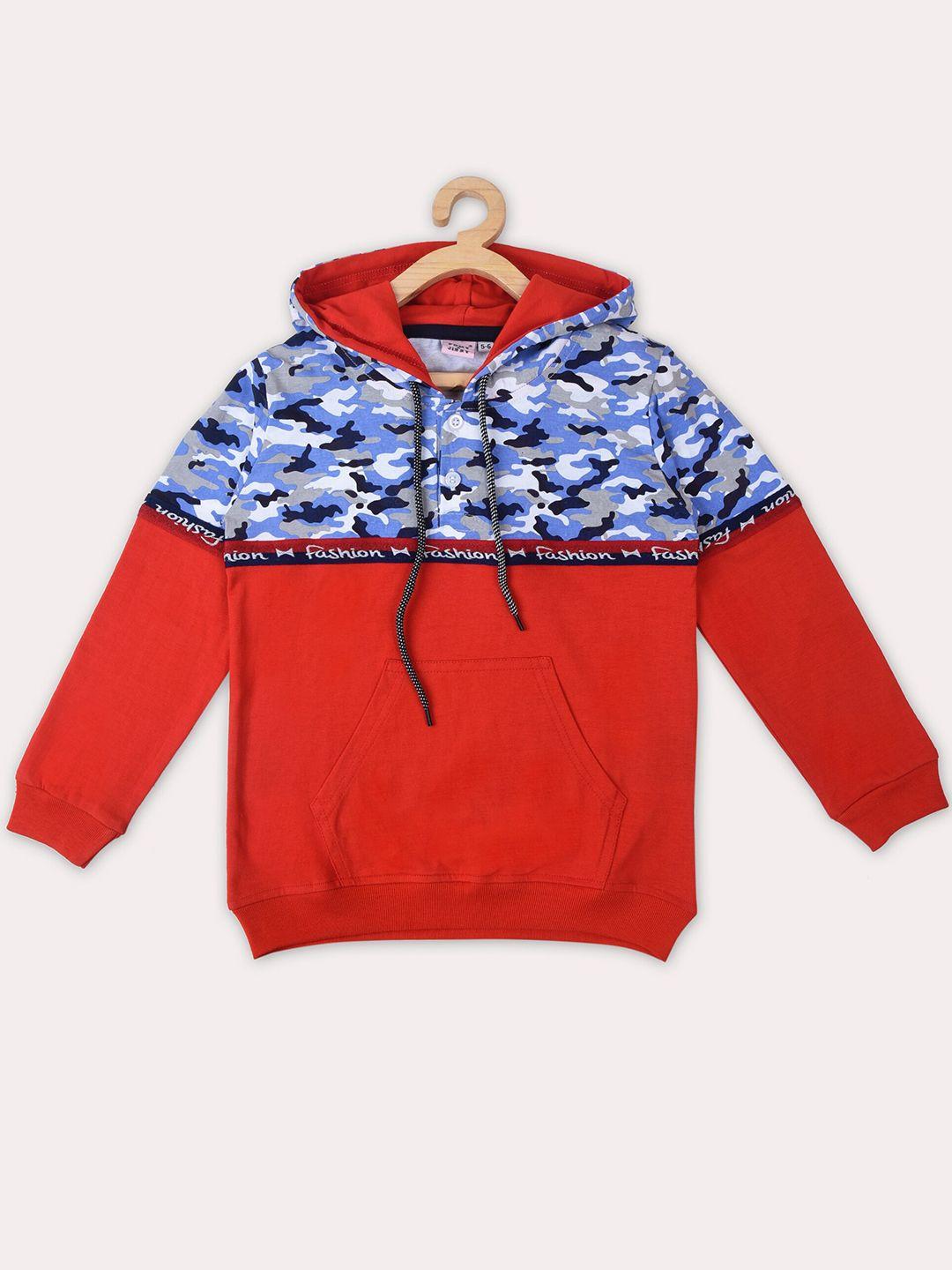 pomy & jinny boys red printed hooded cotton sweatshirt