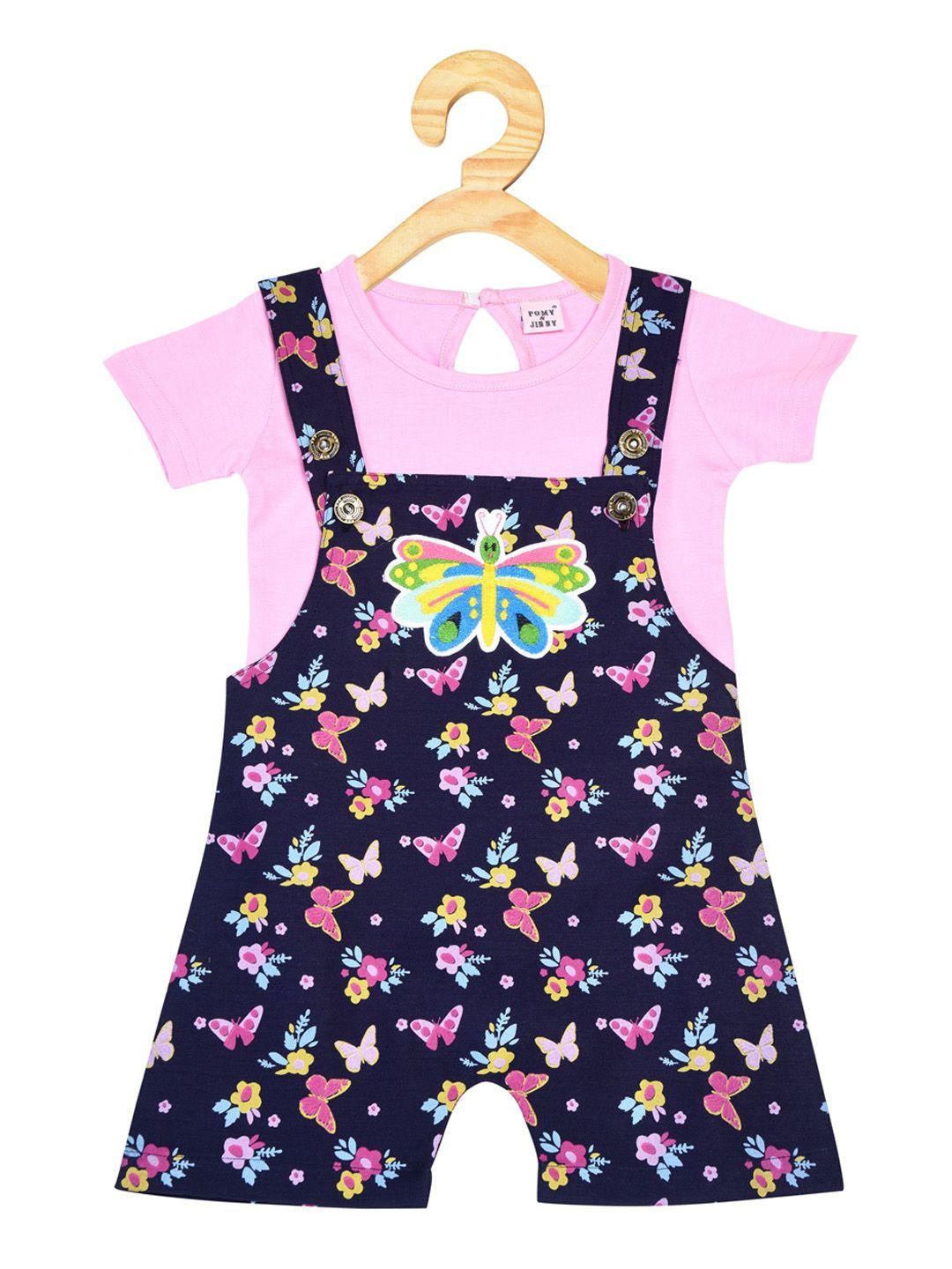 pomy & jinny infants printed cotton slim-fit dungarees with t-shirt