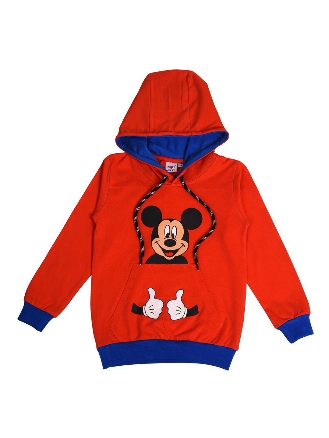 pomy & jinny boys orange & blue mickey mouse printed hooded cotton sweatshirt