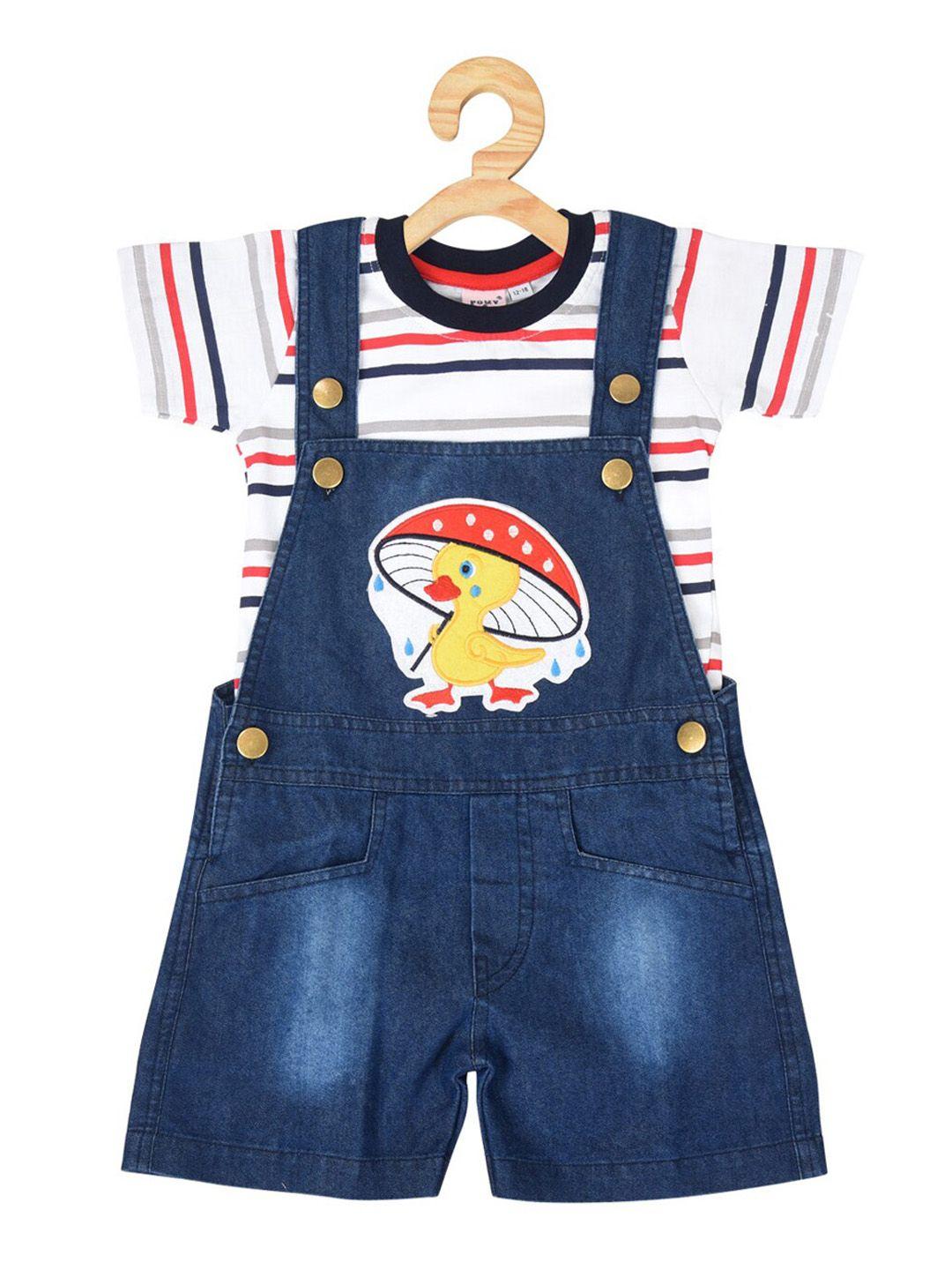 pomy & jinny kids blue solid cotton denim dungarees with t-shirt