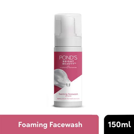 pond's bright beauty foaming pump facewash for glowing skin, with brightening niacinamide, all skin types, 150 ml