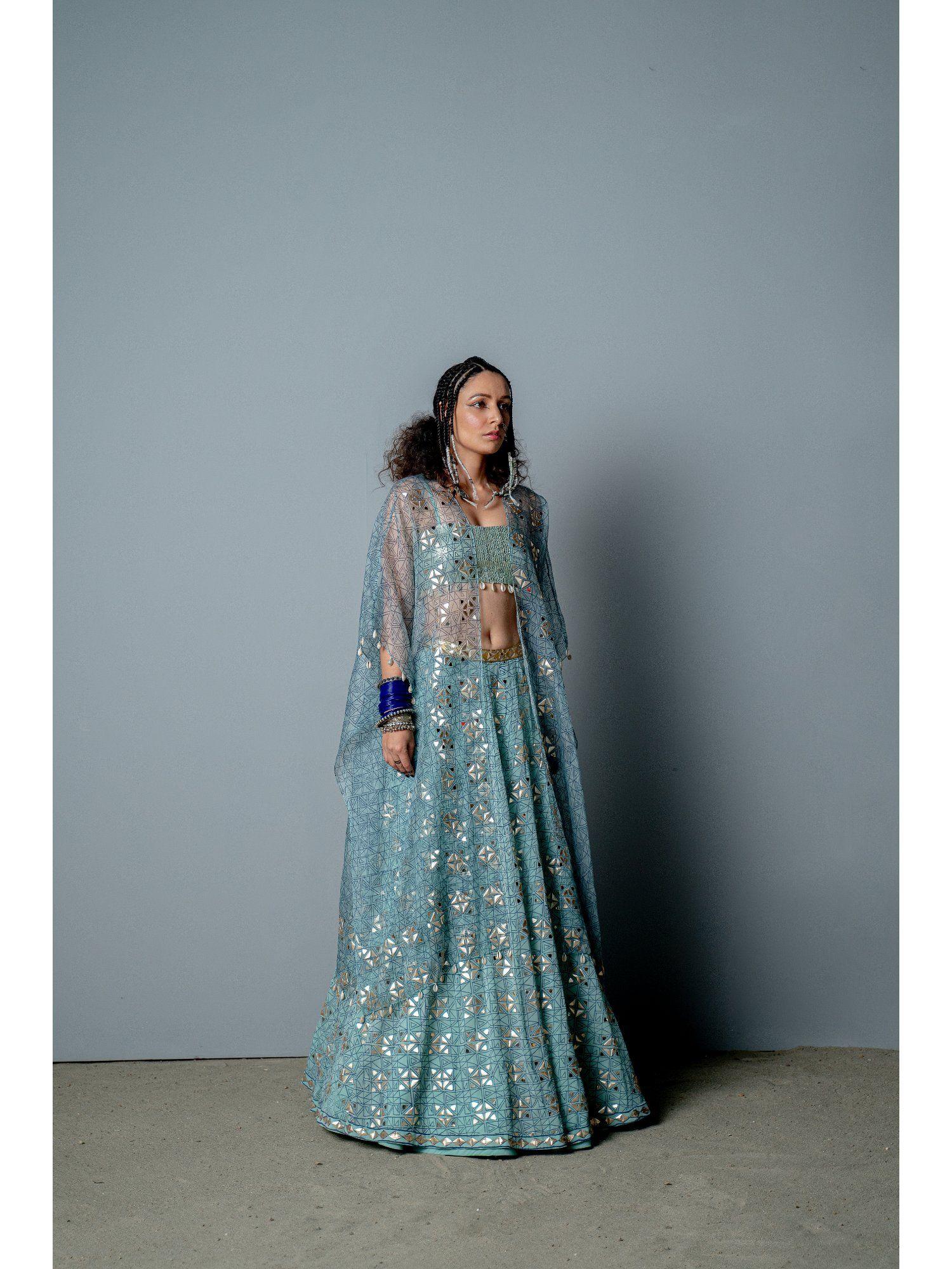 pooja rajgarhia gupta aqua mosaic lehenga with blouse and cape (set of 3)