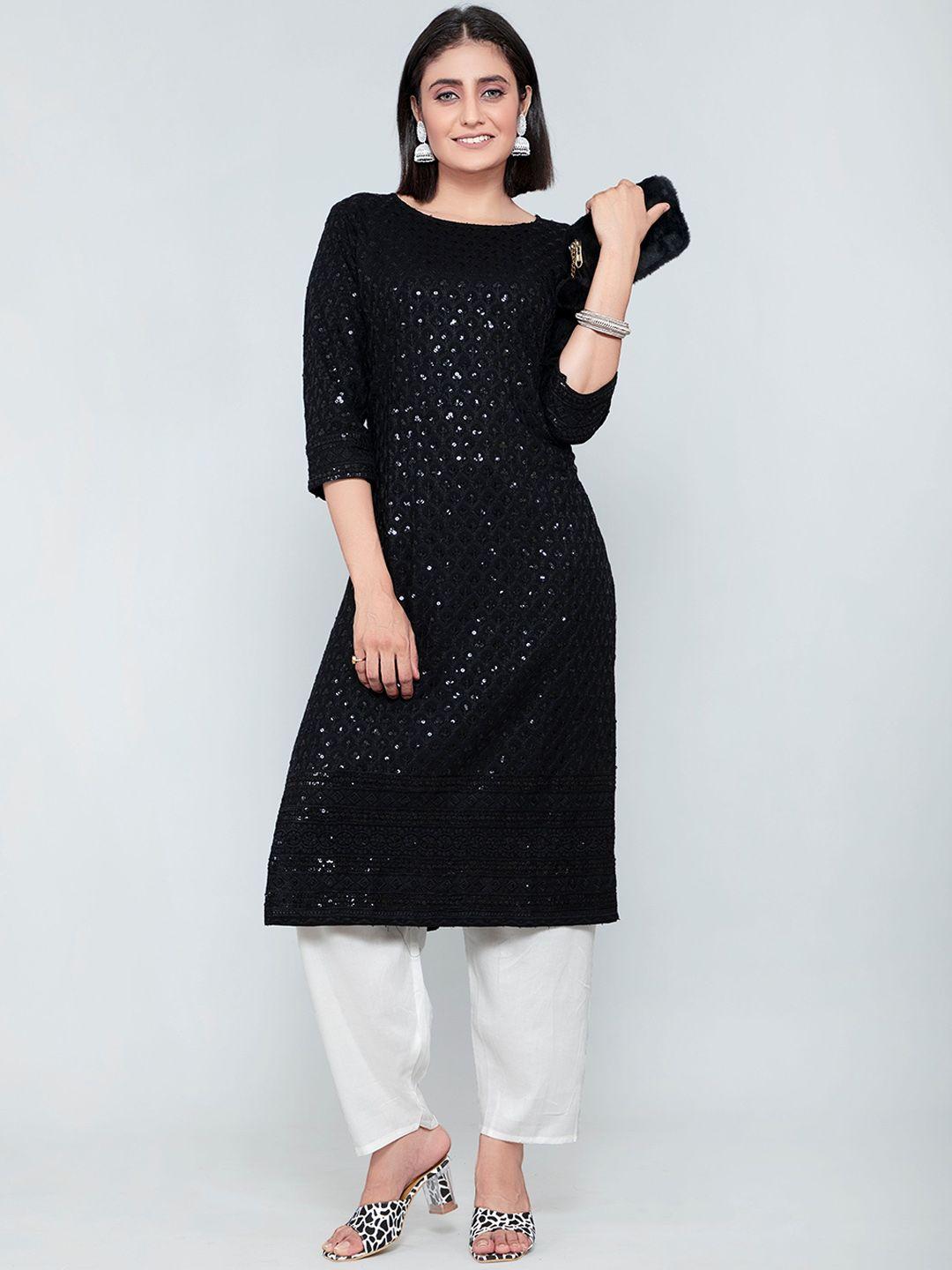 poonam designer women black geometric thread work kurta