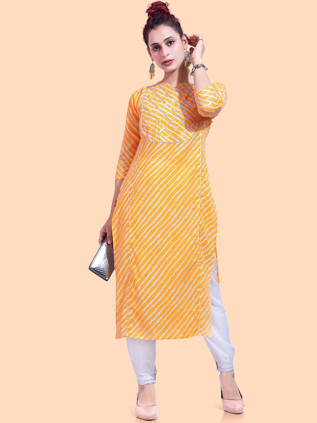 poonam designer women mustard yellow leheriya panelled pure cotton kurti with salwar