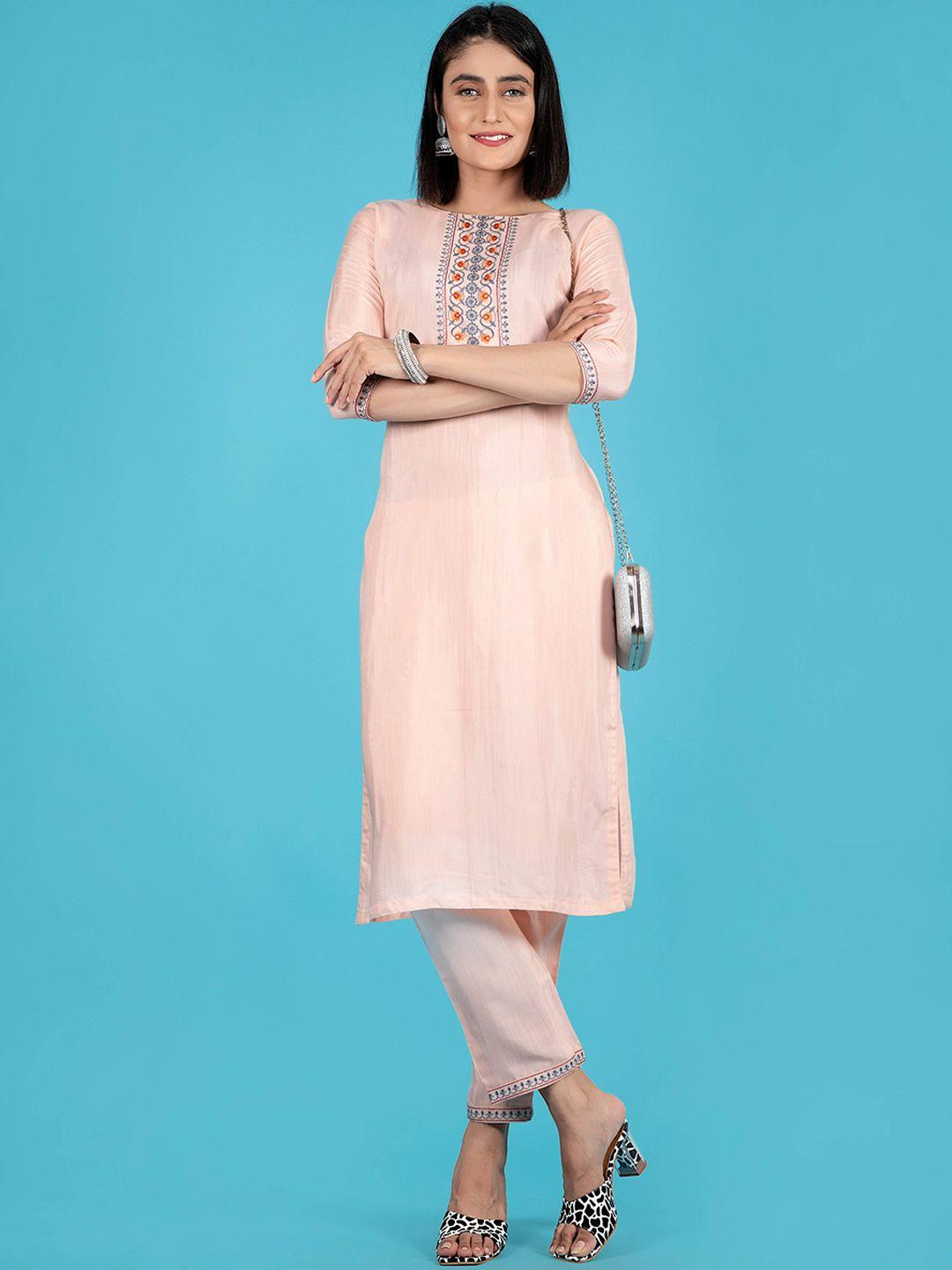 poonam designer women peach-coloured floral yoke design kurta with trousers