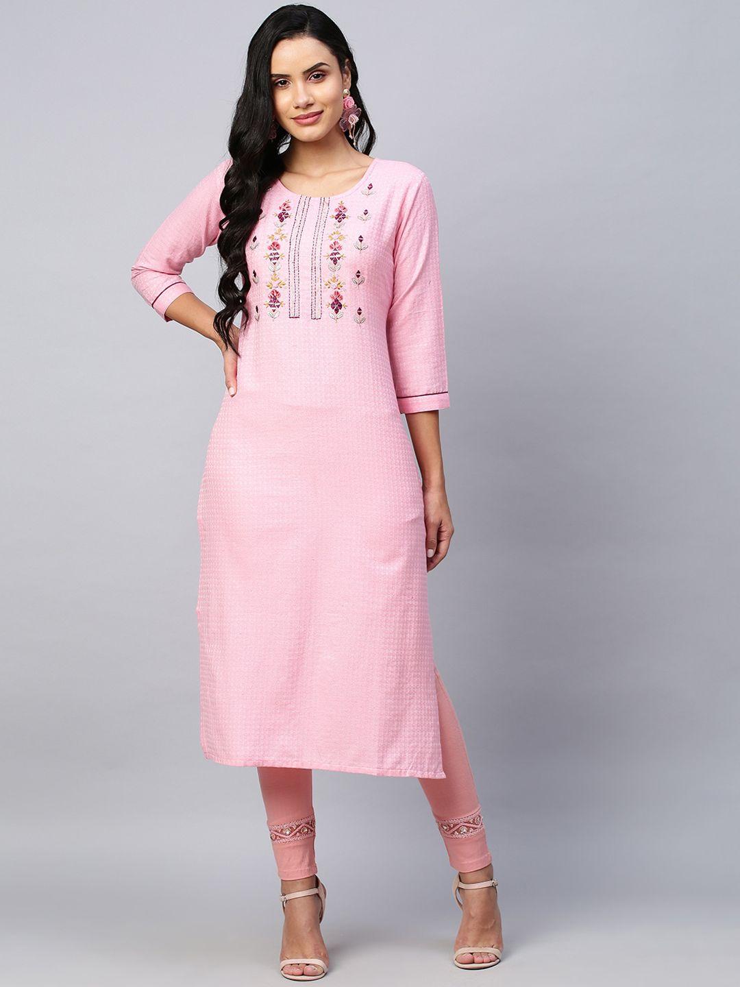 poonam designer women pink embroidered thread work kurta