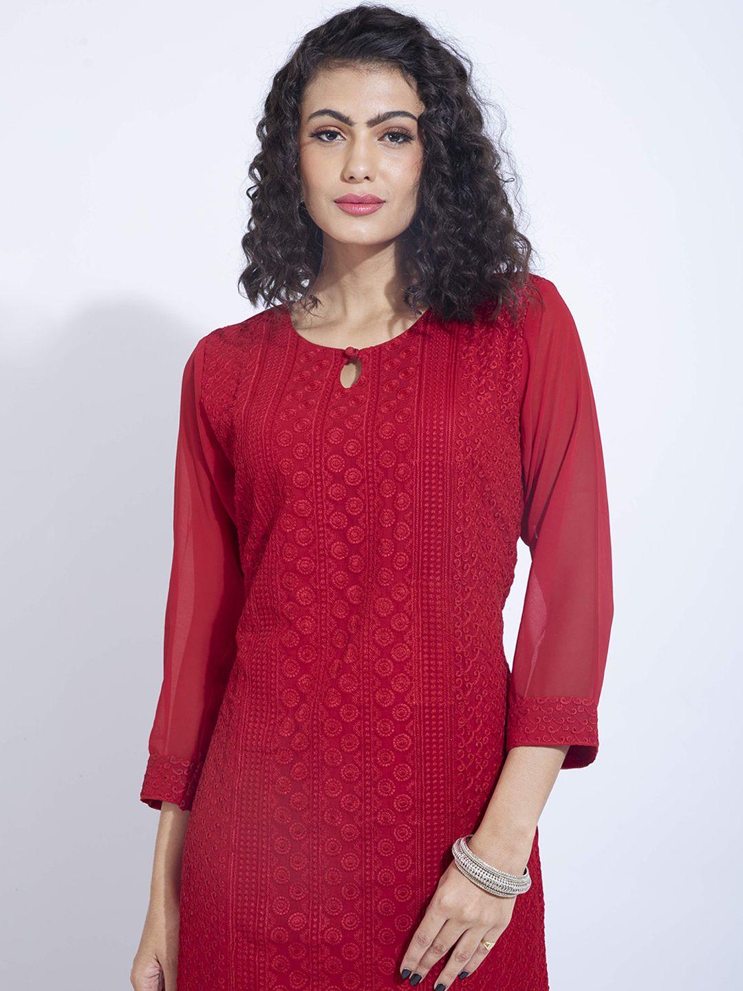 poonam designer women red ethnic motifs embroidered keyhole neck chikankari georgette kurta