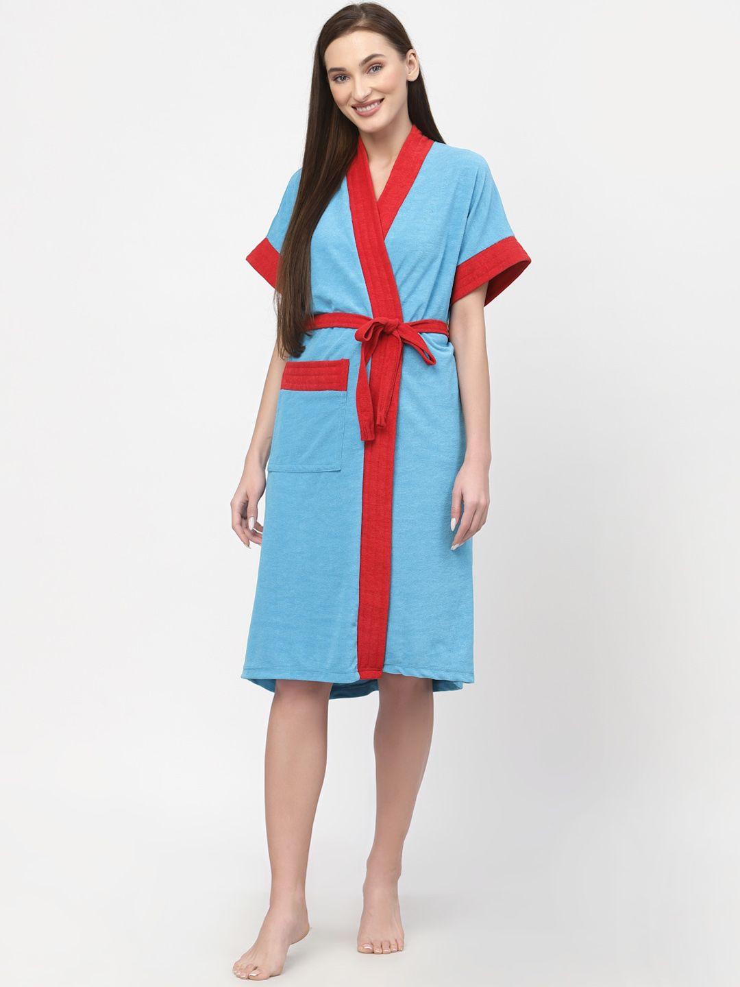 poorak blue & red v-neck waist tie-up terry cotton bath robe