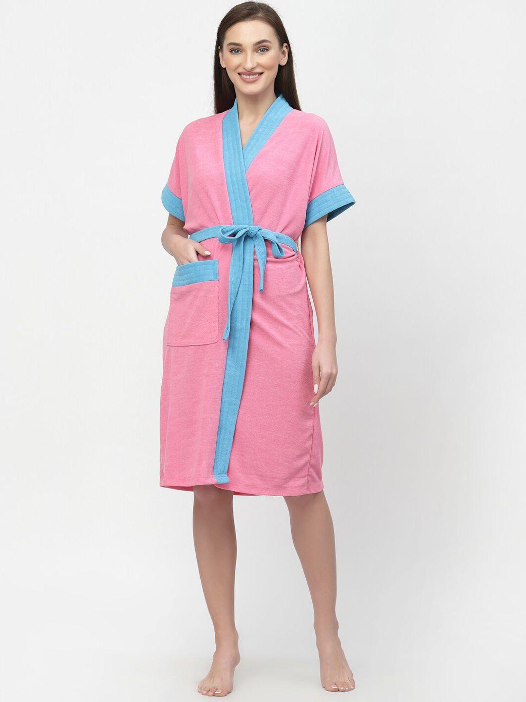 poorak pink v-neck waist tie-up terry cotton bath robe