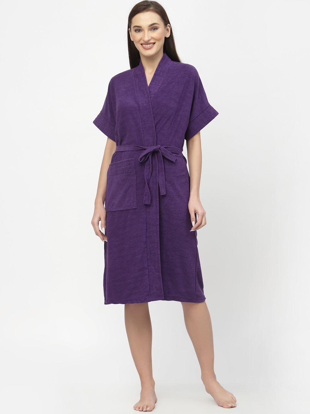 poorak purple v-neck waist tie-up terry cotton bath robe