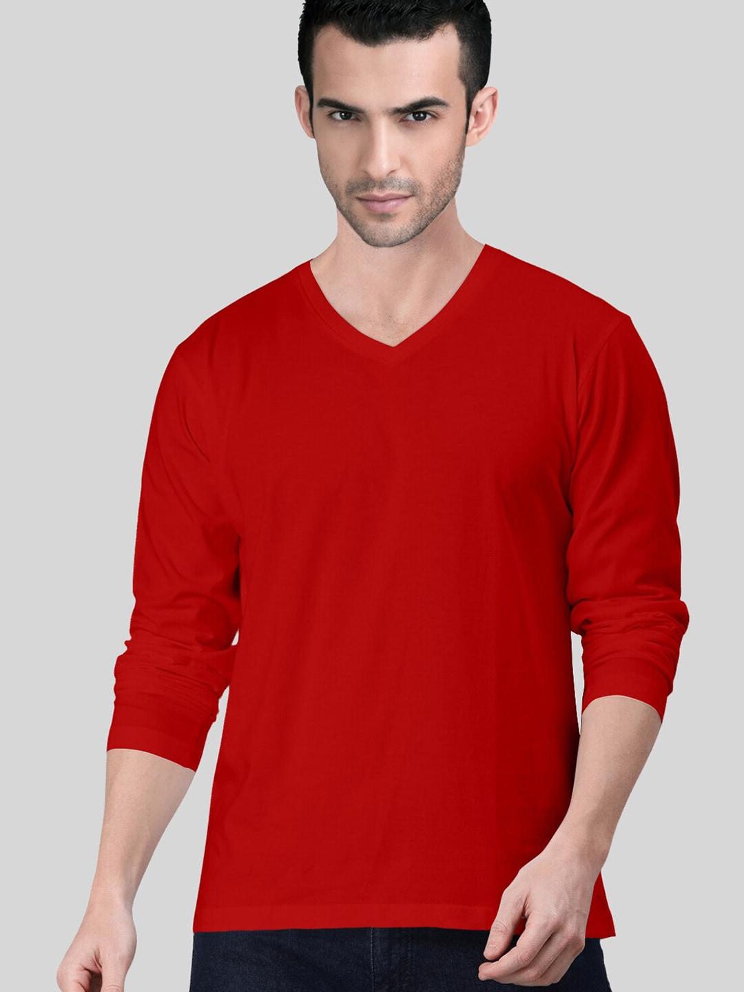 pootlu men red v-neck pure cotton t-shirt