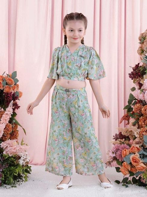 poplins kids green & pink cotton floral print top set