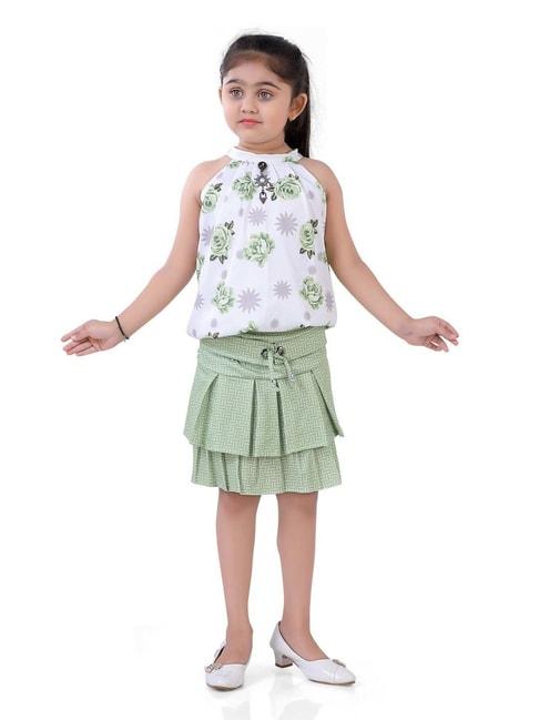 poplins kids green & white cotton floral print top set