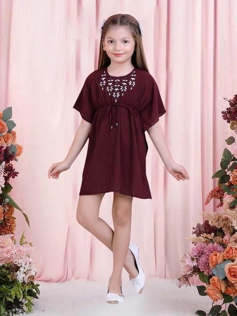 poplins kids maroon cotton embroidered dress