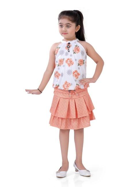 poplins kids orange & white cotton floral print top set