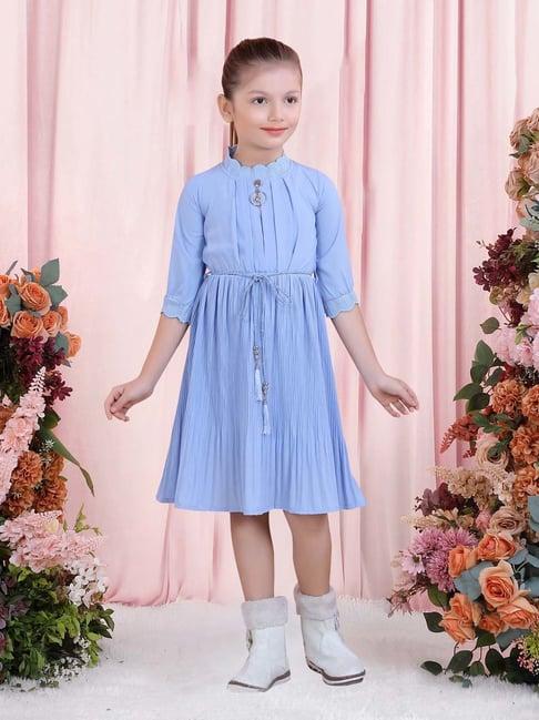 poplins kids blue cotton regular fit dress