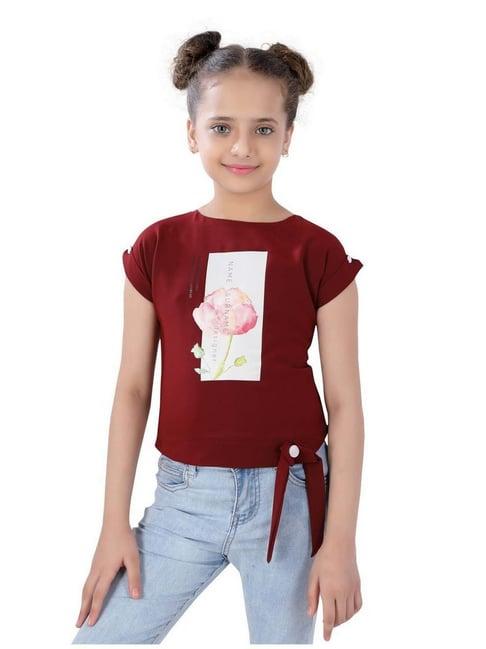 poplins kids maroon & pink cotton printed top