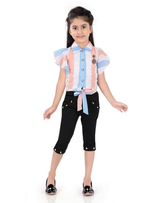 poplins kids peach & blue cotton color block top set