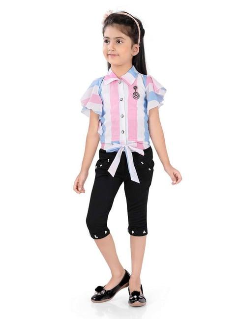 poplins kids pink & blue cotton color block top set