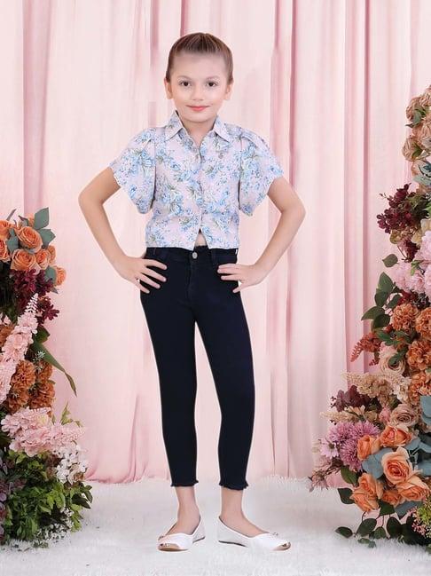 poplins kids pink & blue cotton floral print top