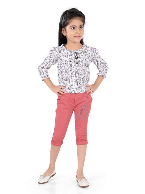 poplins kids pink & white cotton floral print top set