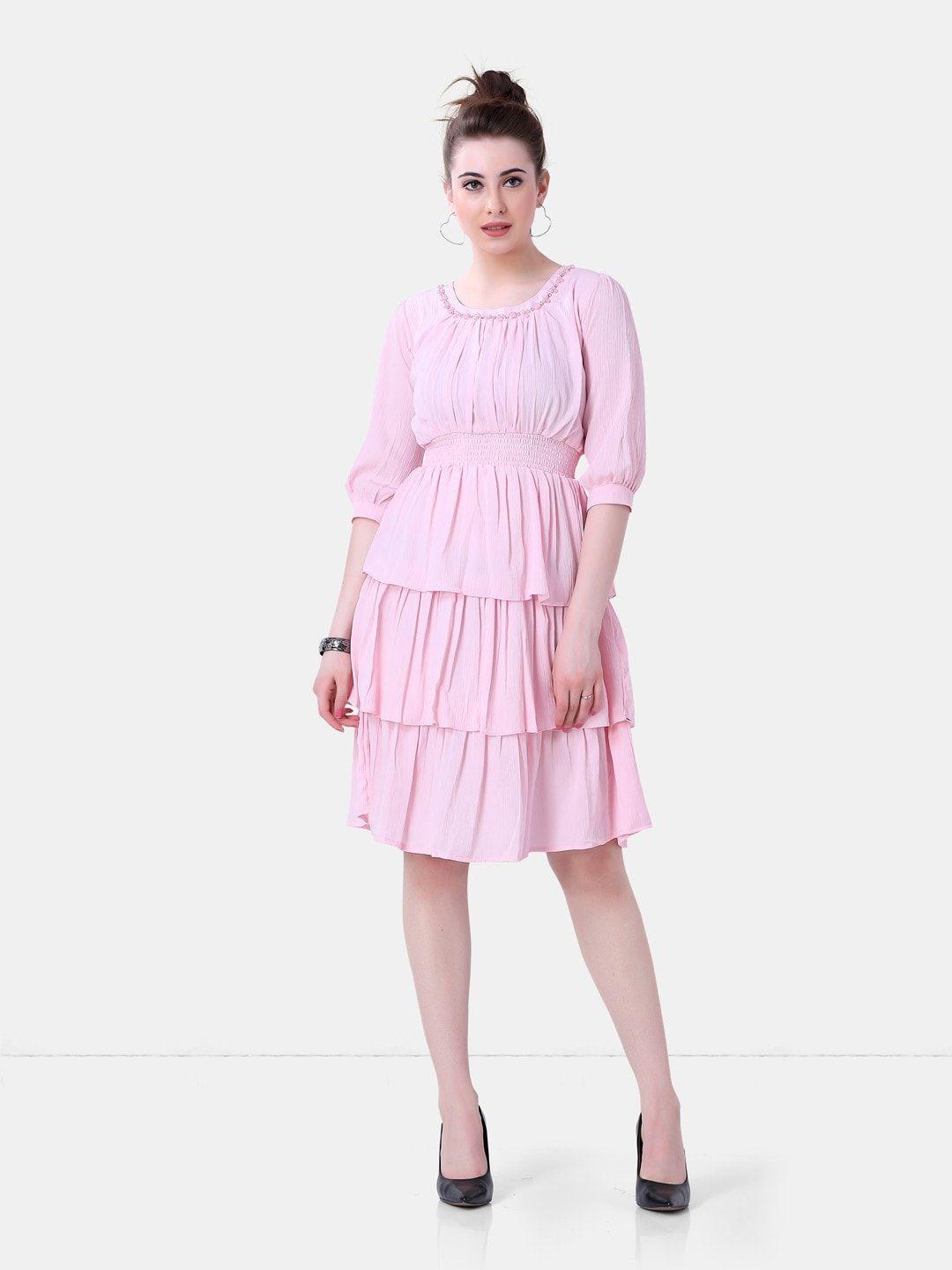 poplins pink layered fit & flared georgette dress