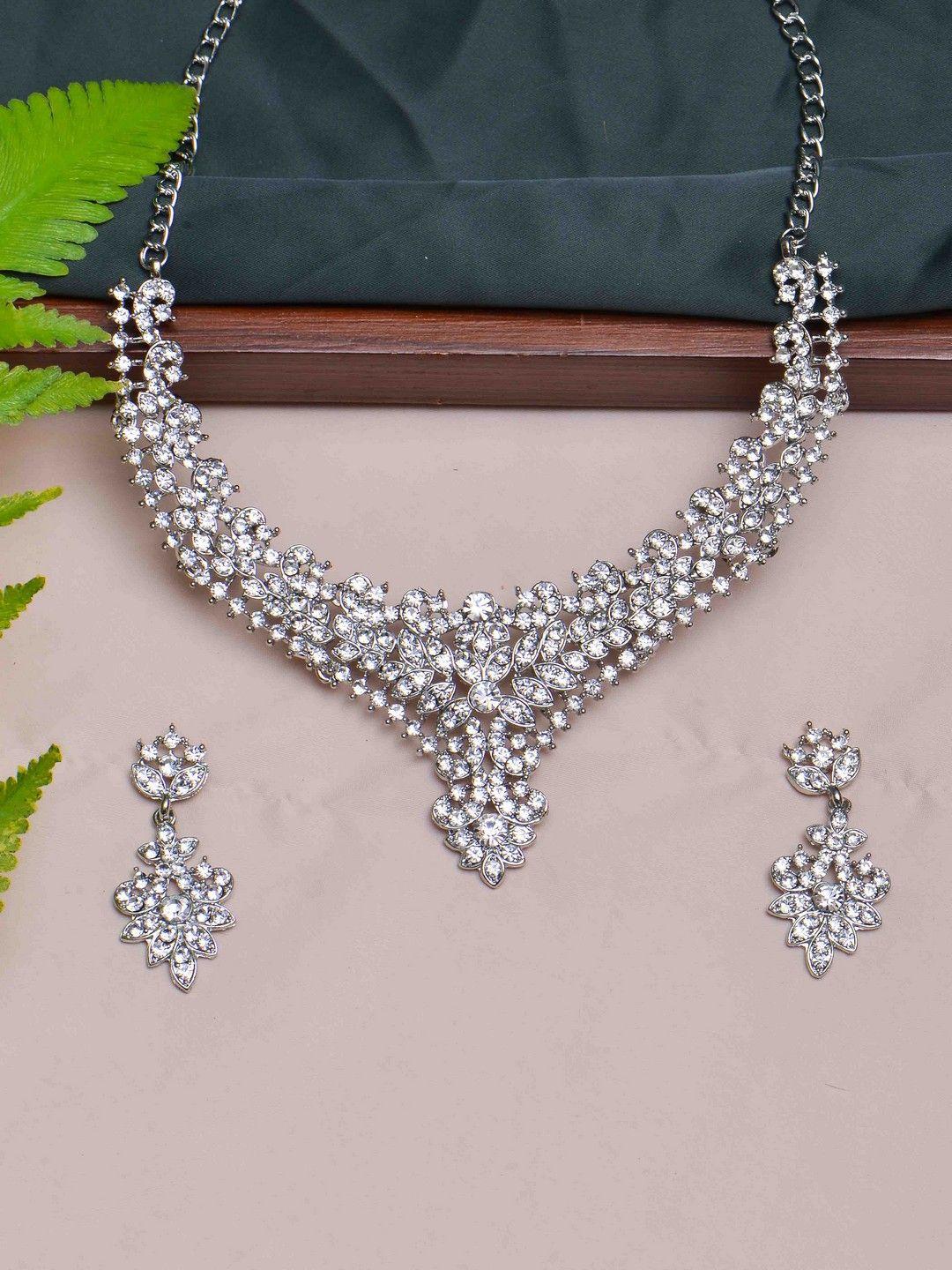 poplins silver-toned & white stone studded jewellery set