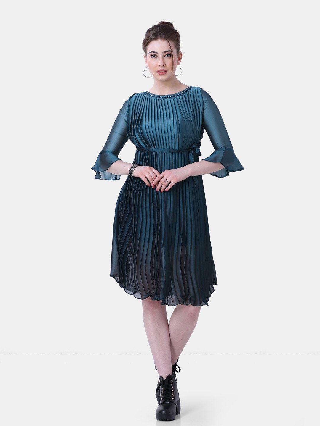 poplins teal embellished accordion pleats layered  satin dress