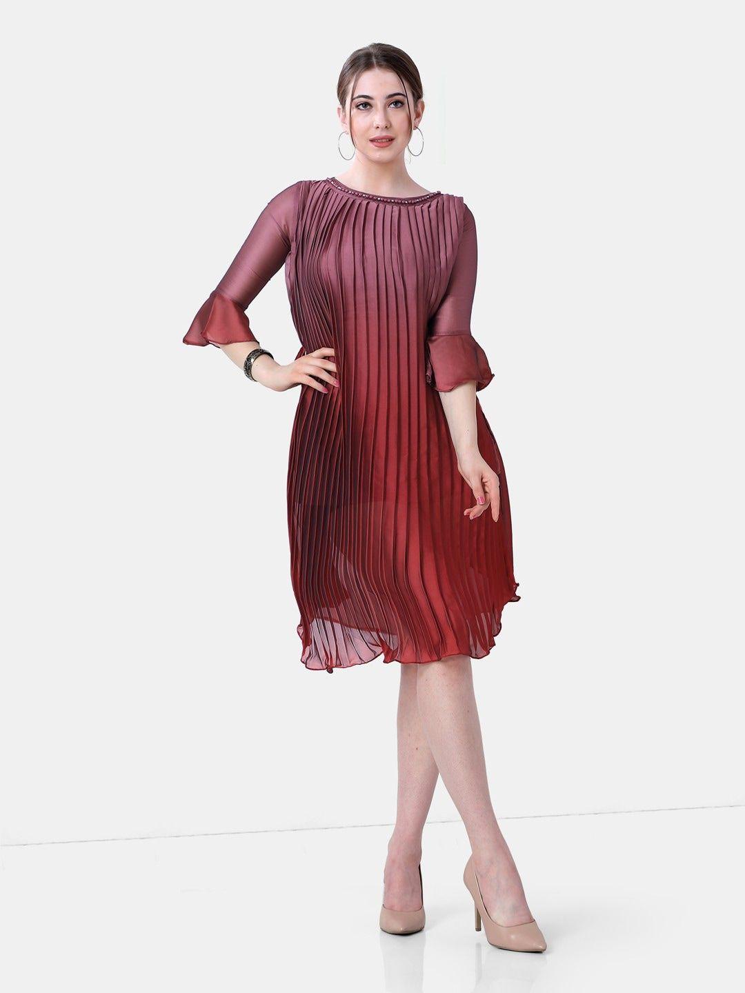 poplins women maroon striped satin a-line dress