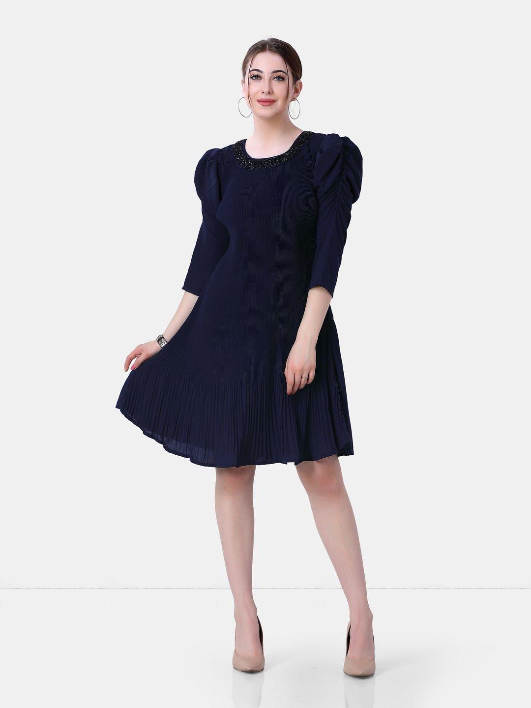 poplins women navy blue georgette a-line dress