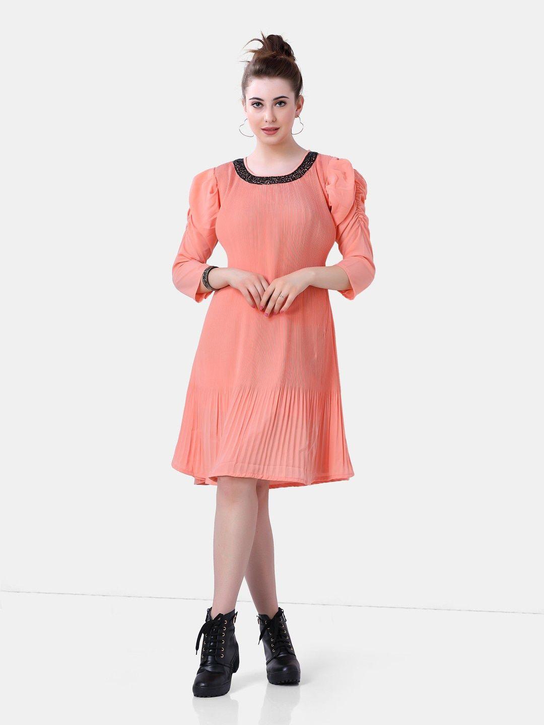 poplins women peach-coloured georgette a-line dress