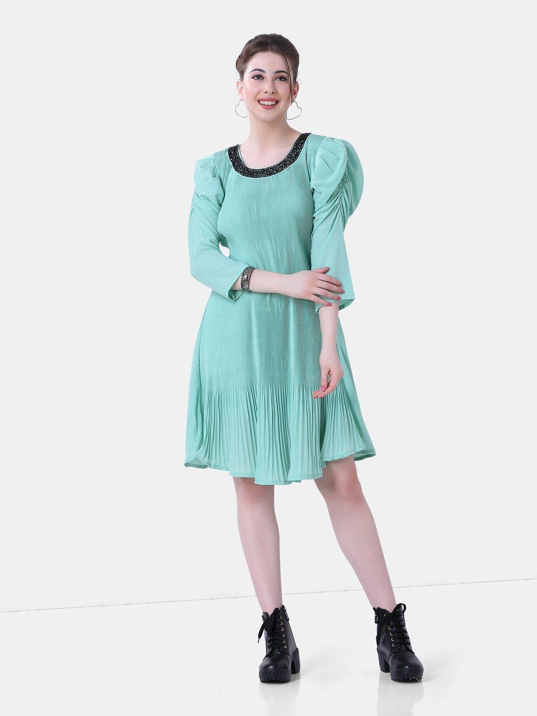 poplins women sea green georgette fit & flared dress