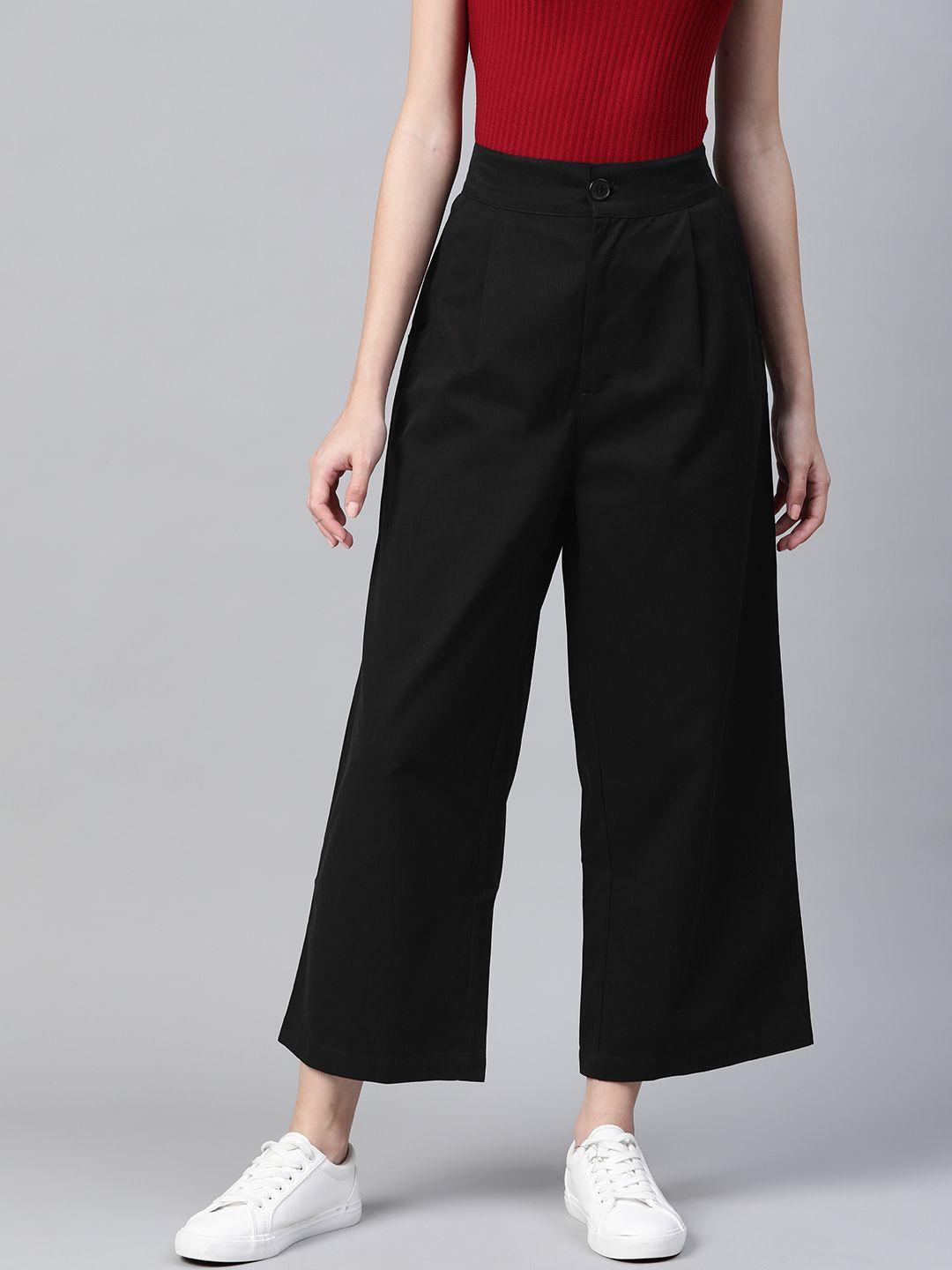 popnetic women black cotton cropped parallel trousers