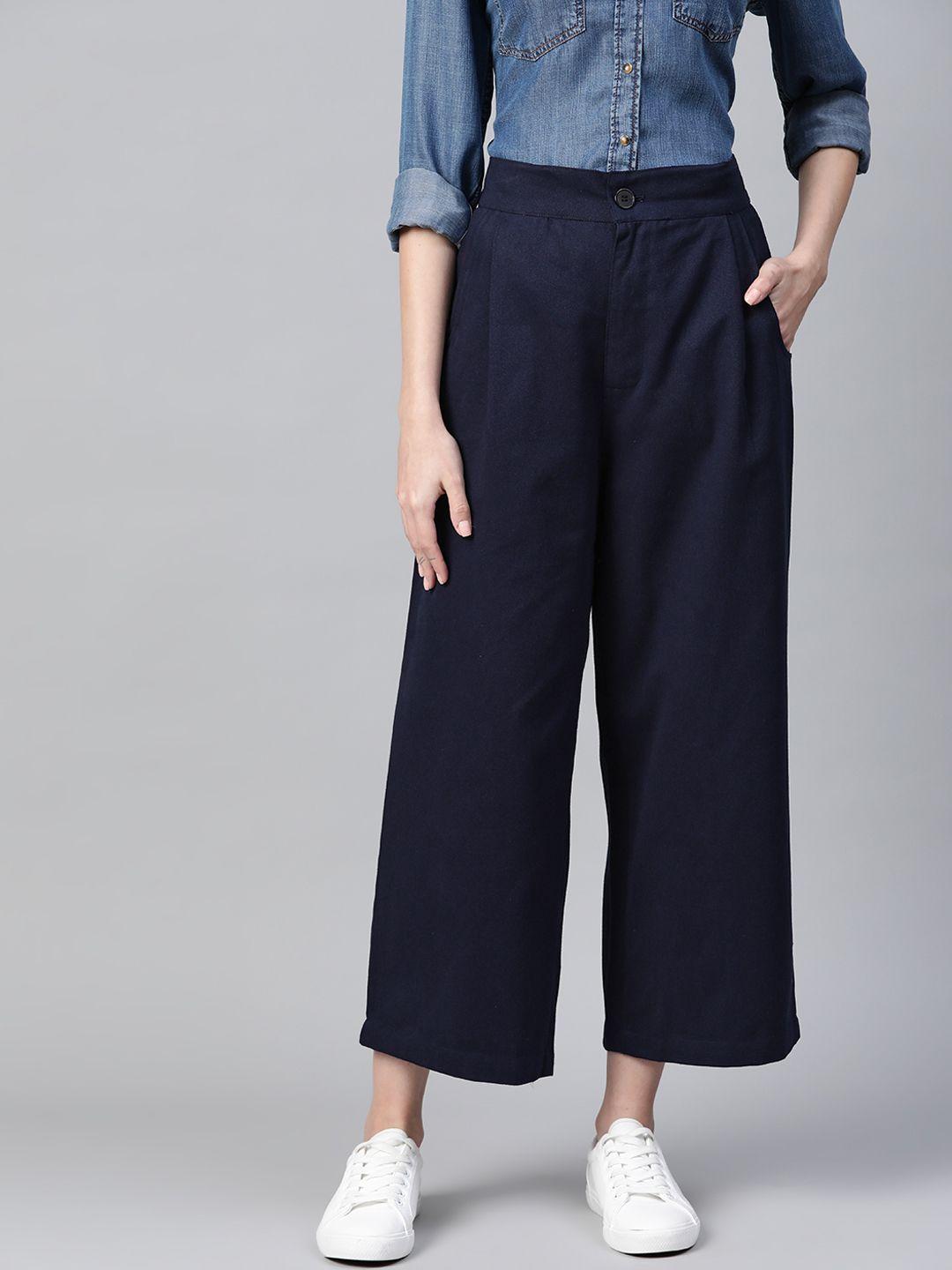 popnetic women navy blue cotton cropped parallel trousers