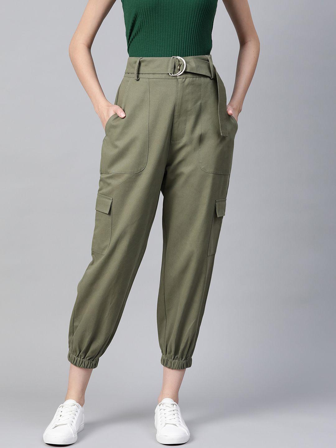 popnetic women olive green cotton cropped cargo joggers