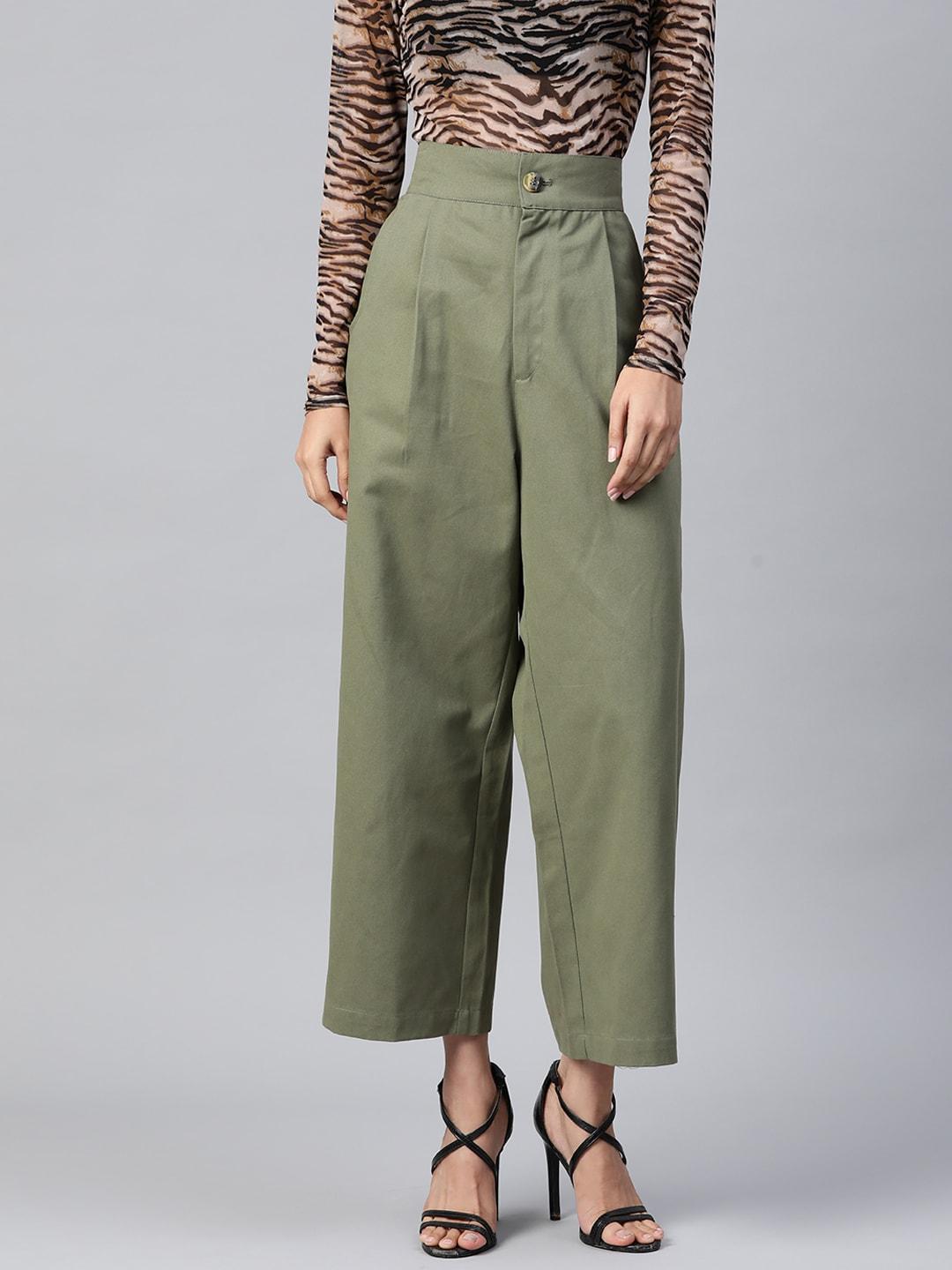 popnetic women olive green cotton cropped parallel trousers