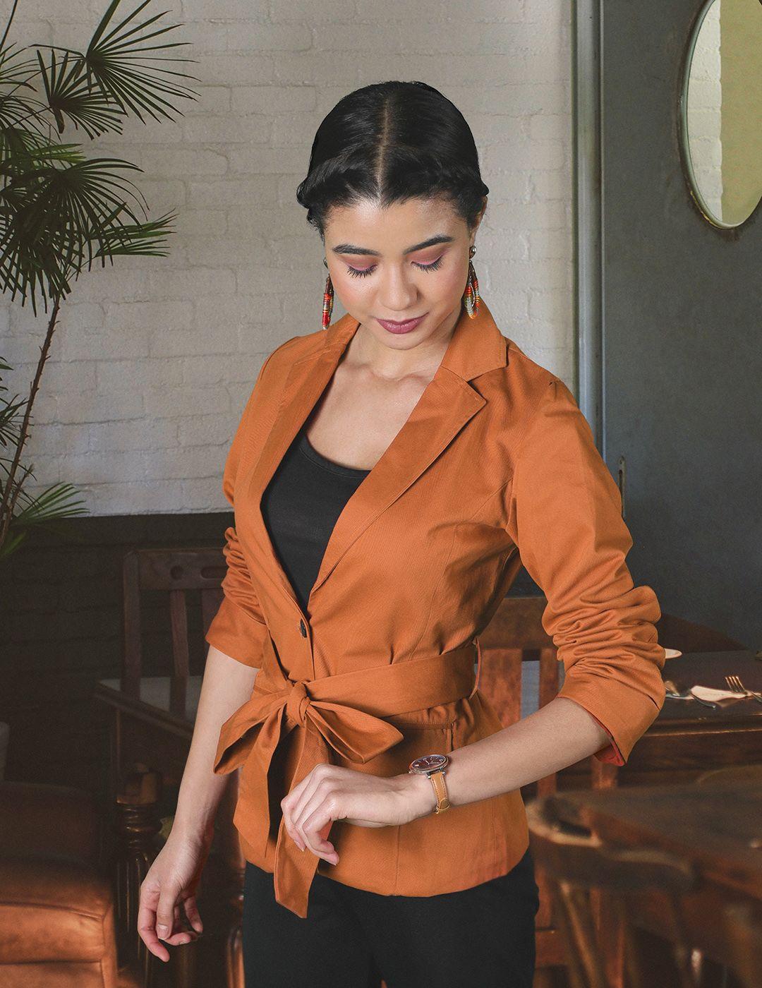 popnetic women rust orange solid casual pure cotton blazer