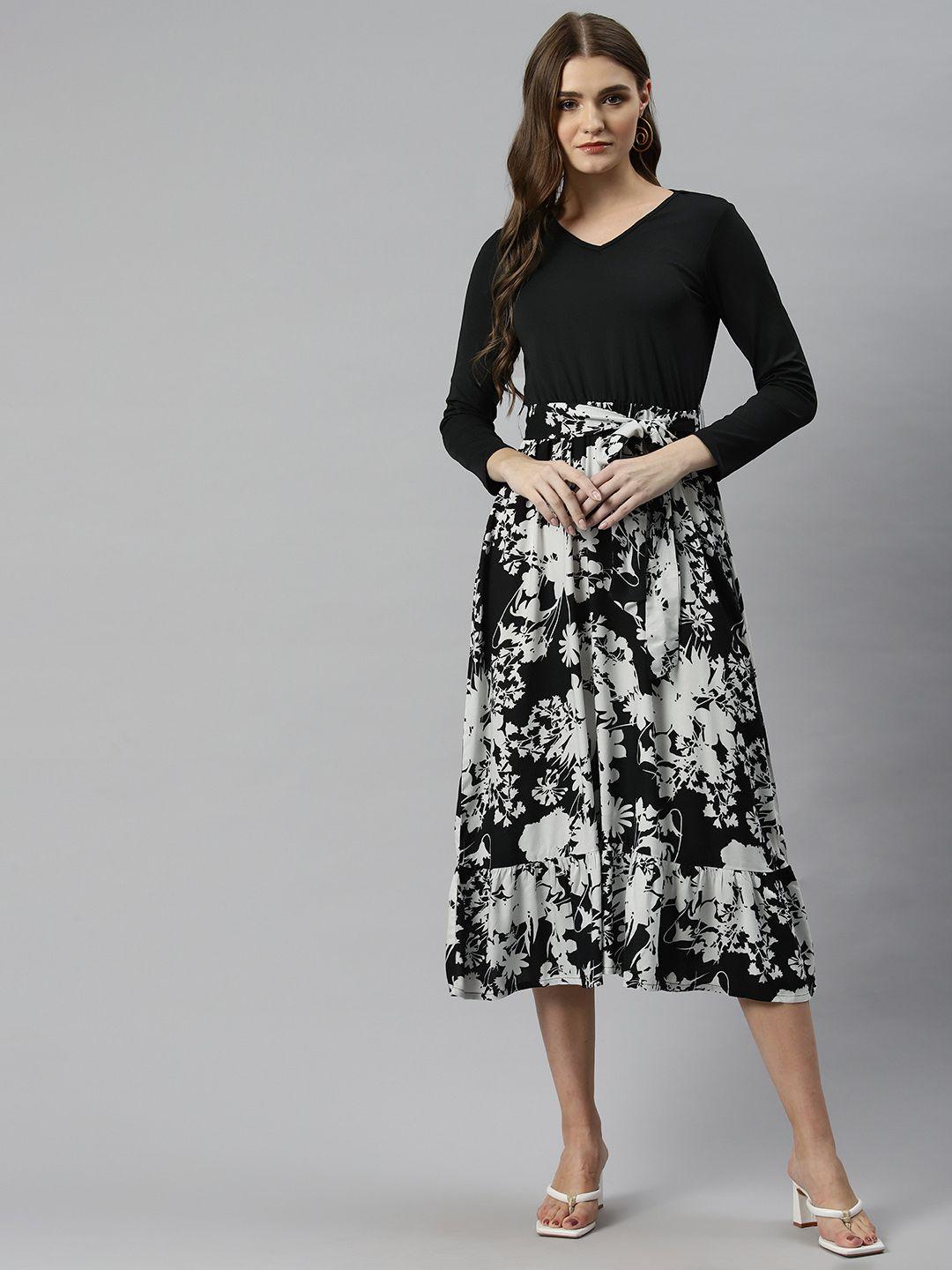 popnetic floral print a-line tiered midi dress with belt
