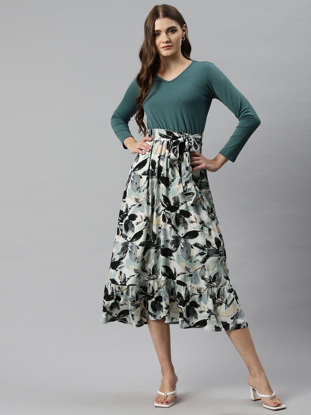 popnetic floral print a-line tiered midi dress with belt