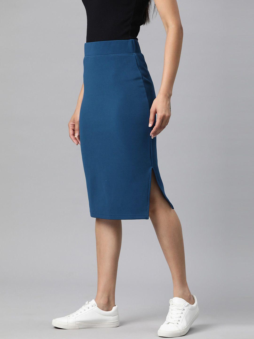 popnetic teal solid side slit pencil skirt