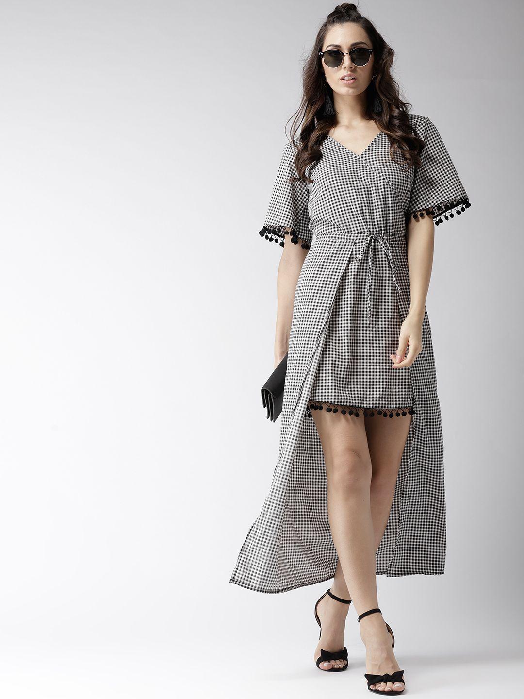 popnetic women black checked layered a-line dress