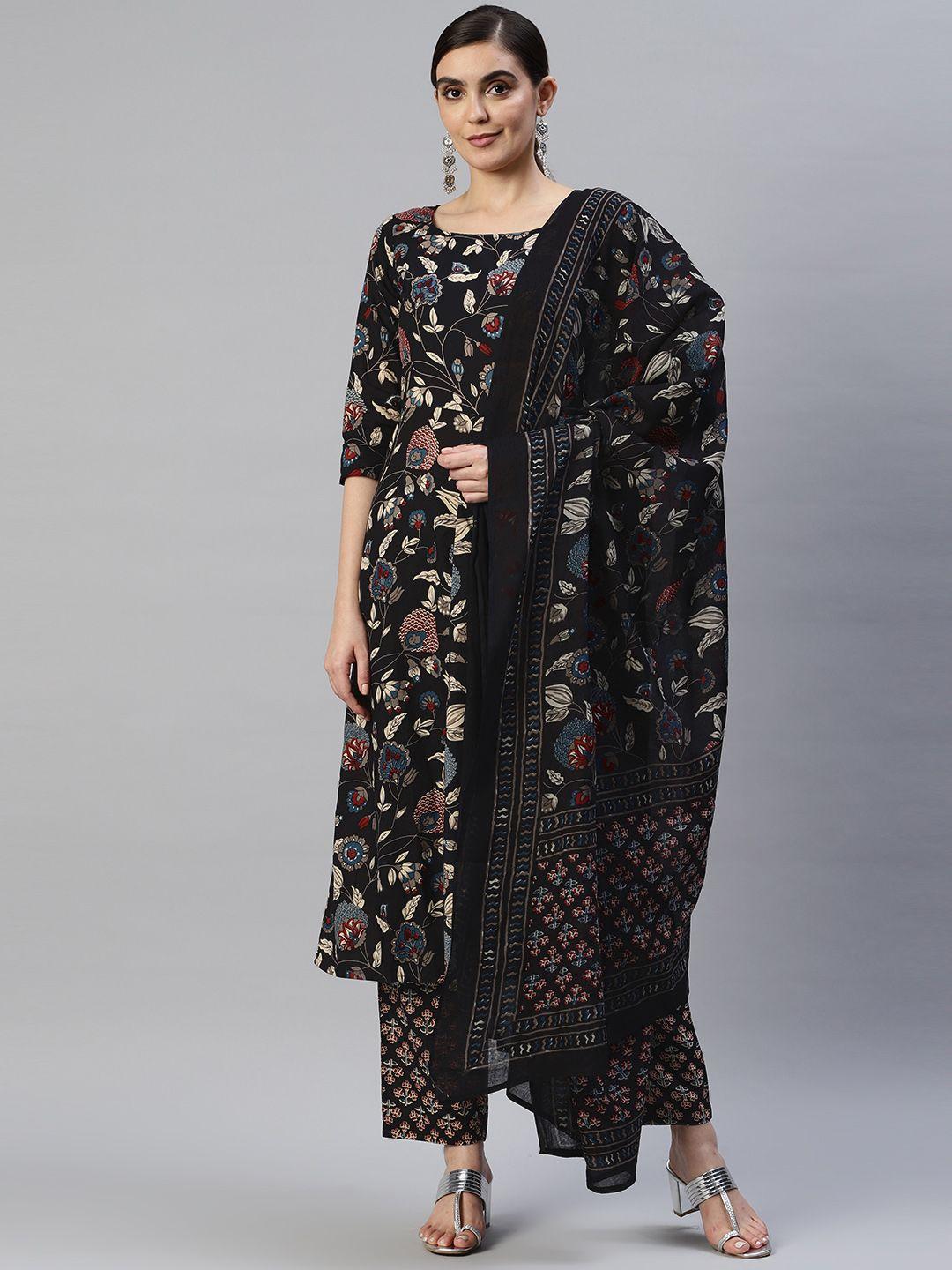 popnetic women black floral printed pure cotton kurta with trousers & with dupatta