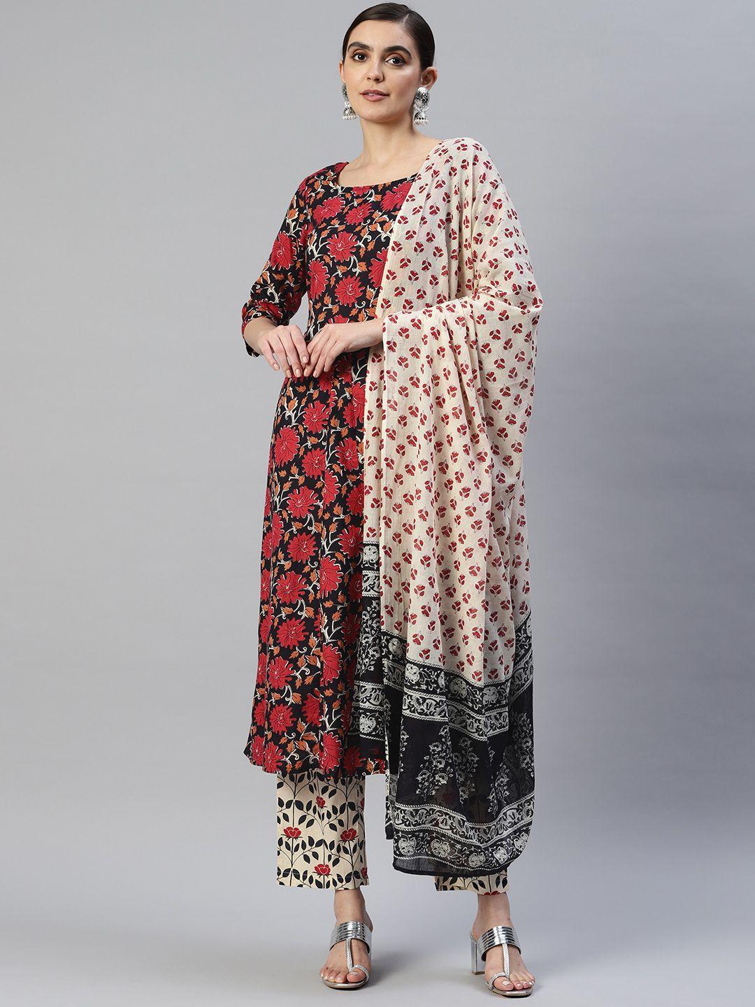 popnetic women black floral printed pure cotton kurta with trousers & with dupatta