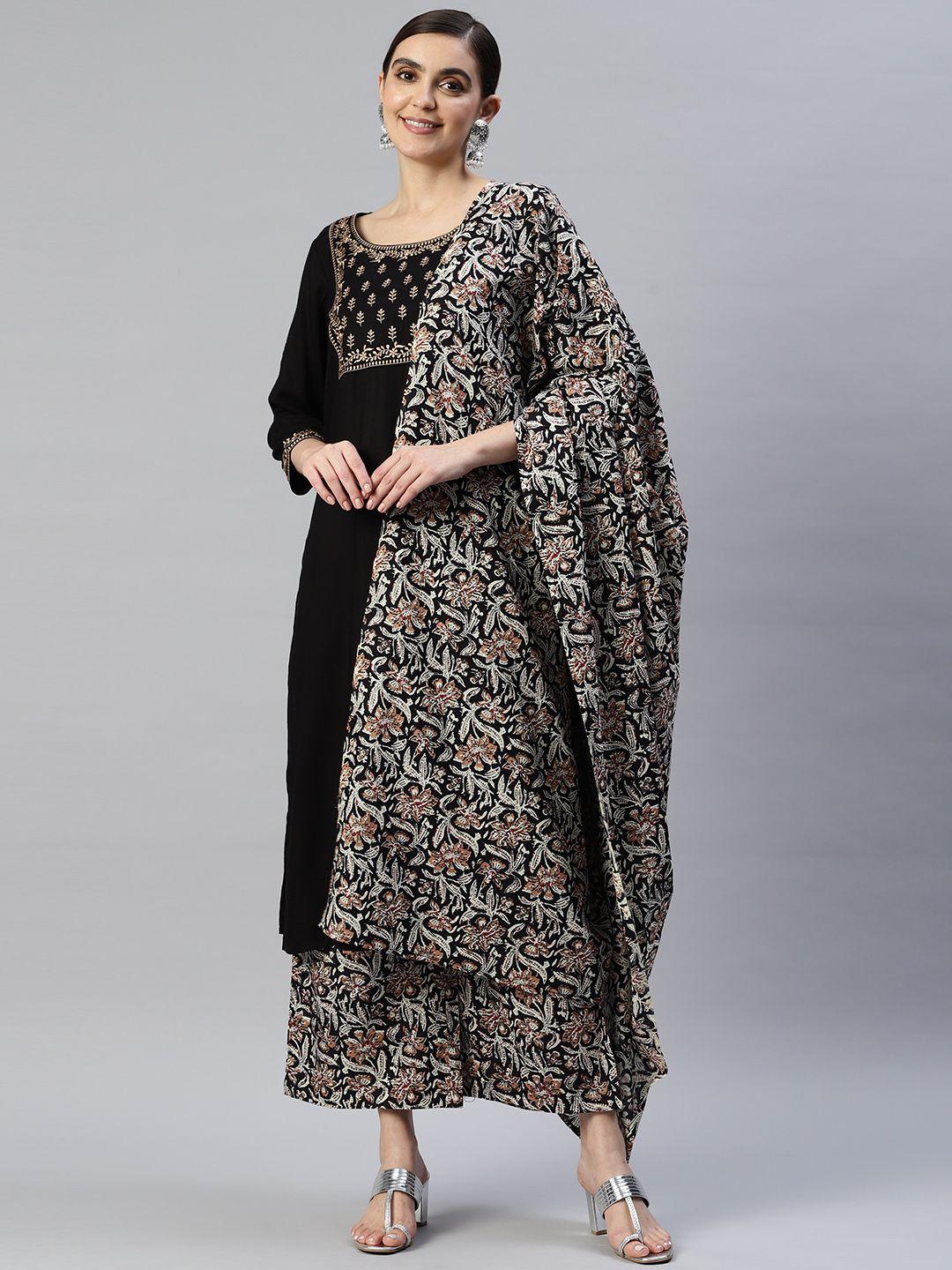 popnetic women black floral yoke design kurta with palazzos & with dupatta