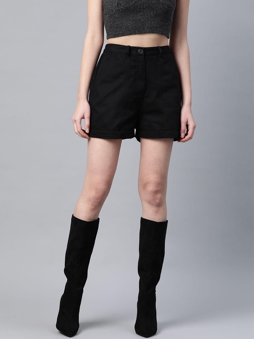 popnetic women black solid pure cotton regular shorts