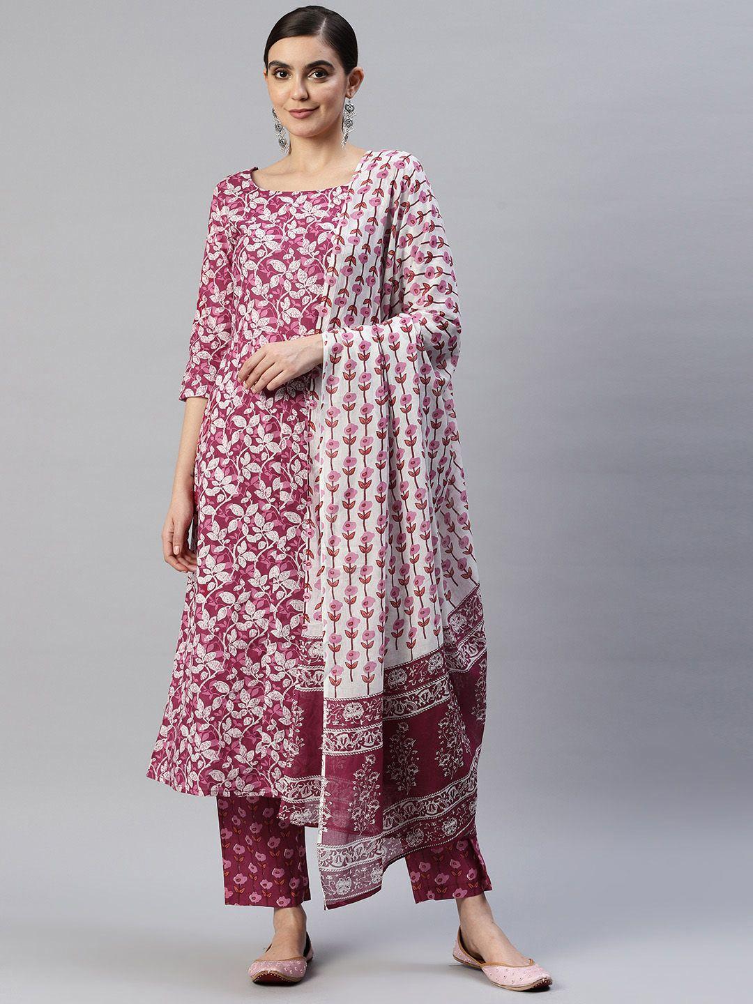 popnetic women fuchsia floral printed pure cotton kurta with trousers & with dupatta