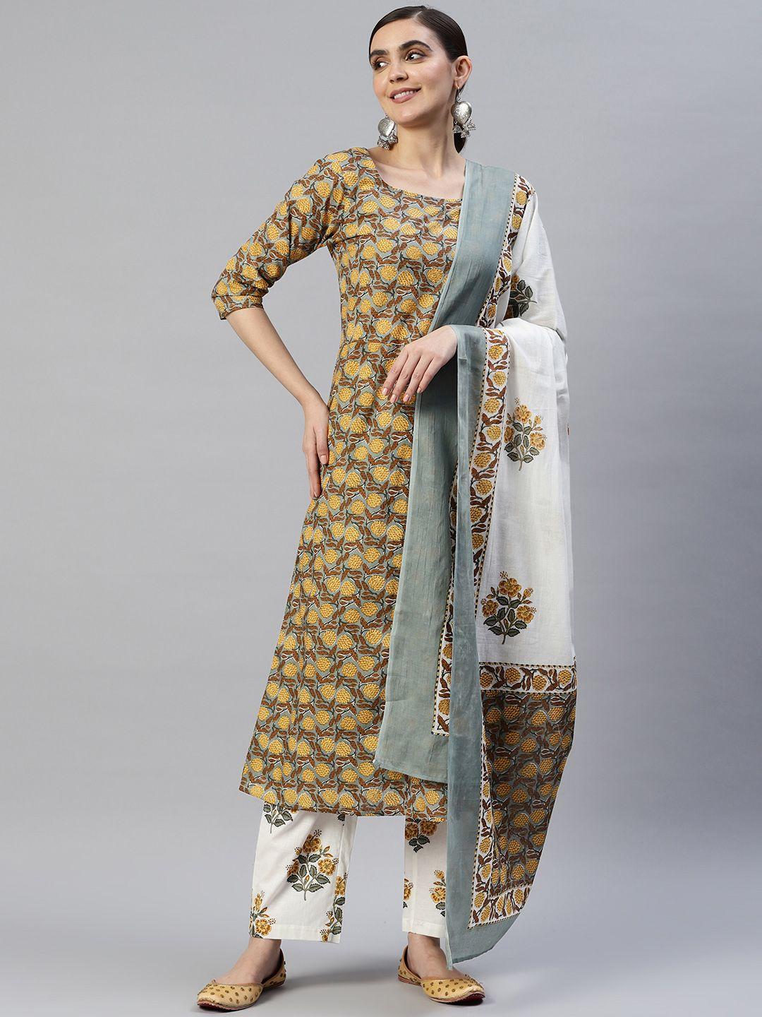 popnetic women green floral printed angrakha pure cotton kurta with trousers & with dupatta