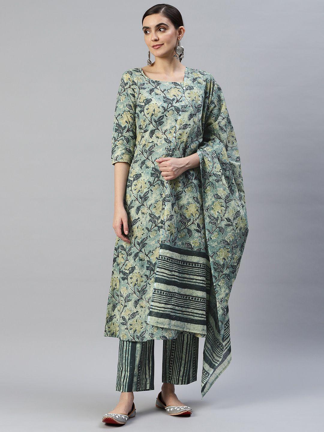 popnetic women green floral printed pure cotton kurta with trousers & with dupatta