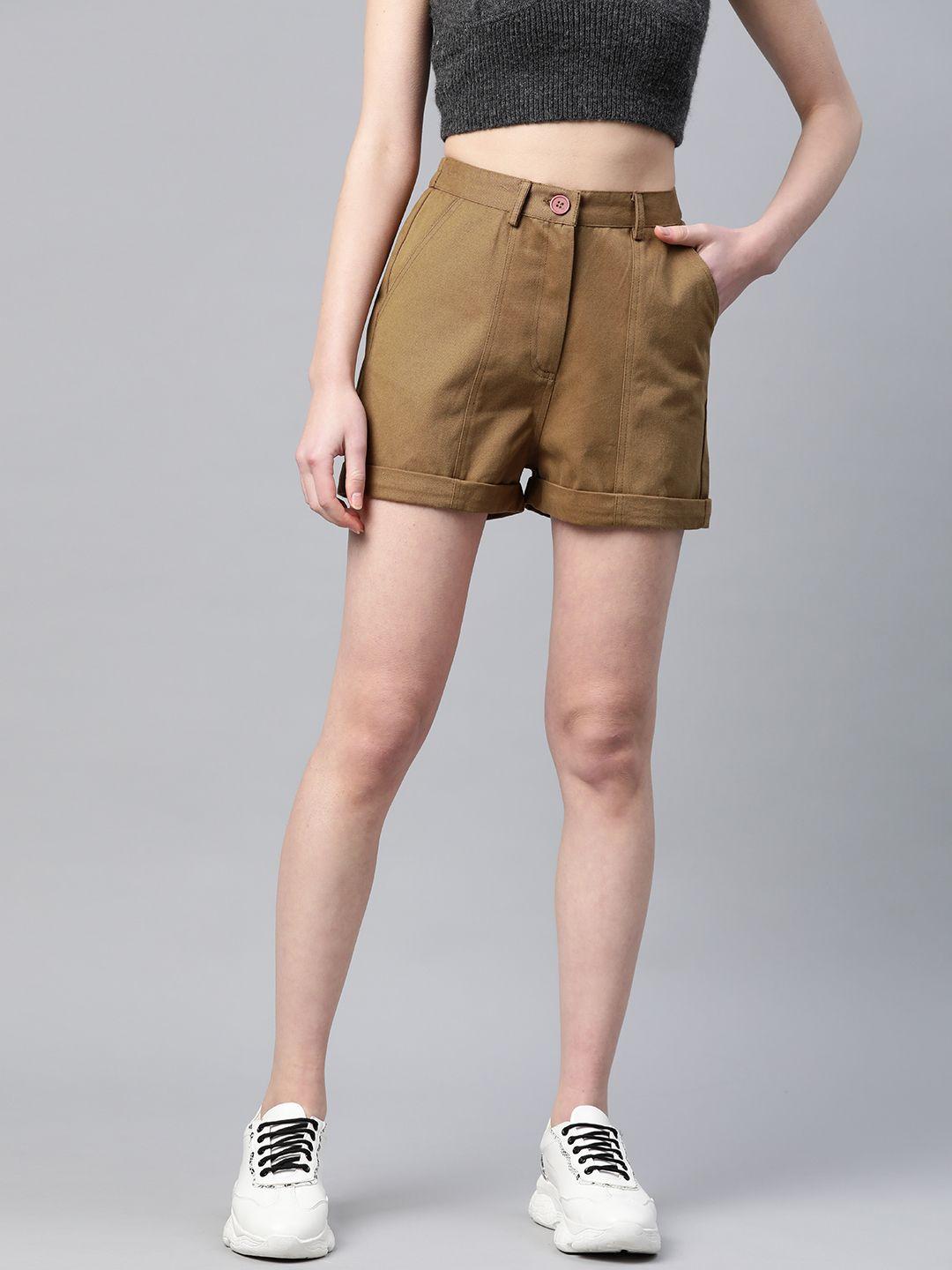 popnetic women khaki solid regular fit pure cotton shorts