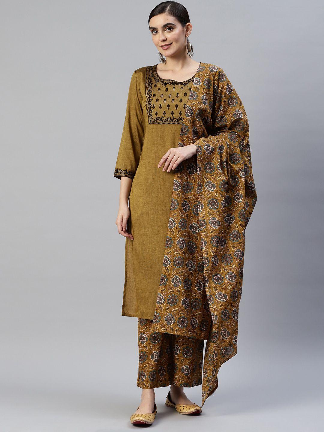 popnetic women mustard yellow ethnic motifs yoke design kurta with palazzos & with dupatta
